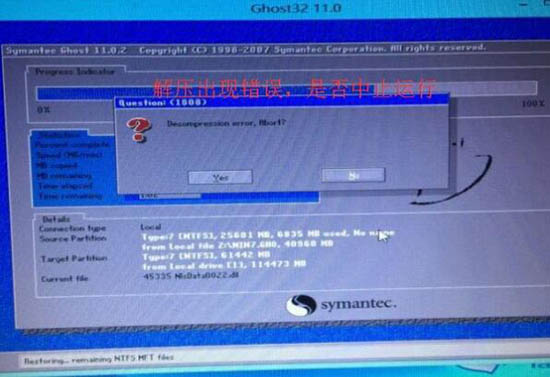 重装win7系统时提示错误代码Decompression error Abort怎么办？